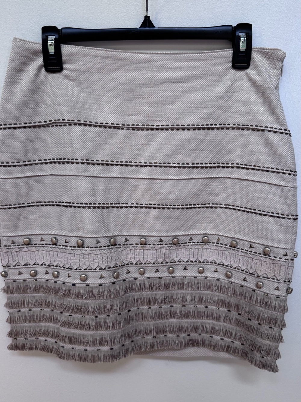 White House Black Market Beige Fringe & Stud Mini Skirt